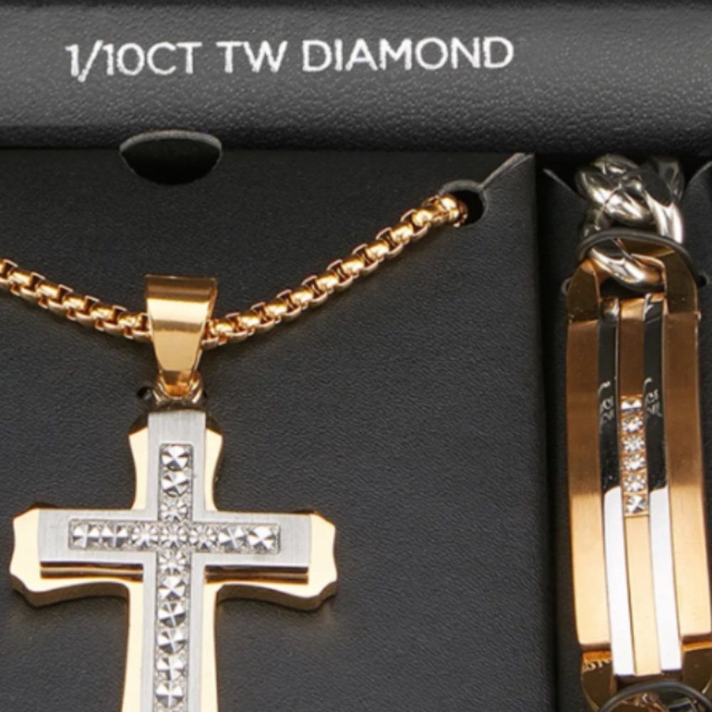 Goldtone Plated stainless steel Diamond Cross & Bracelet Set
